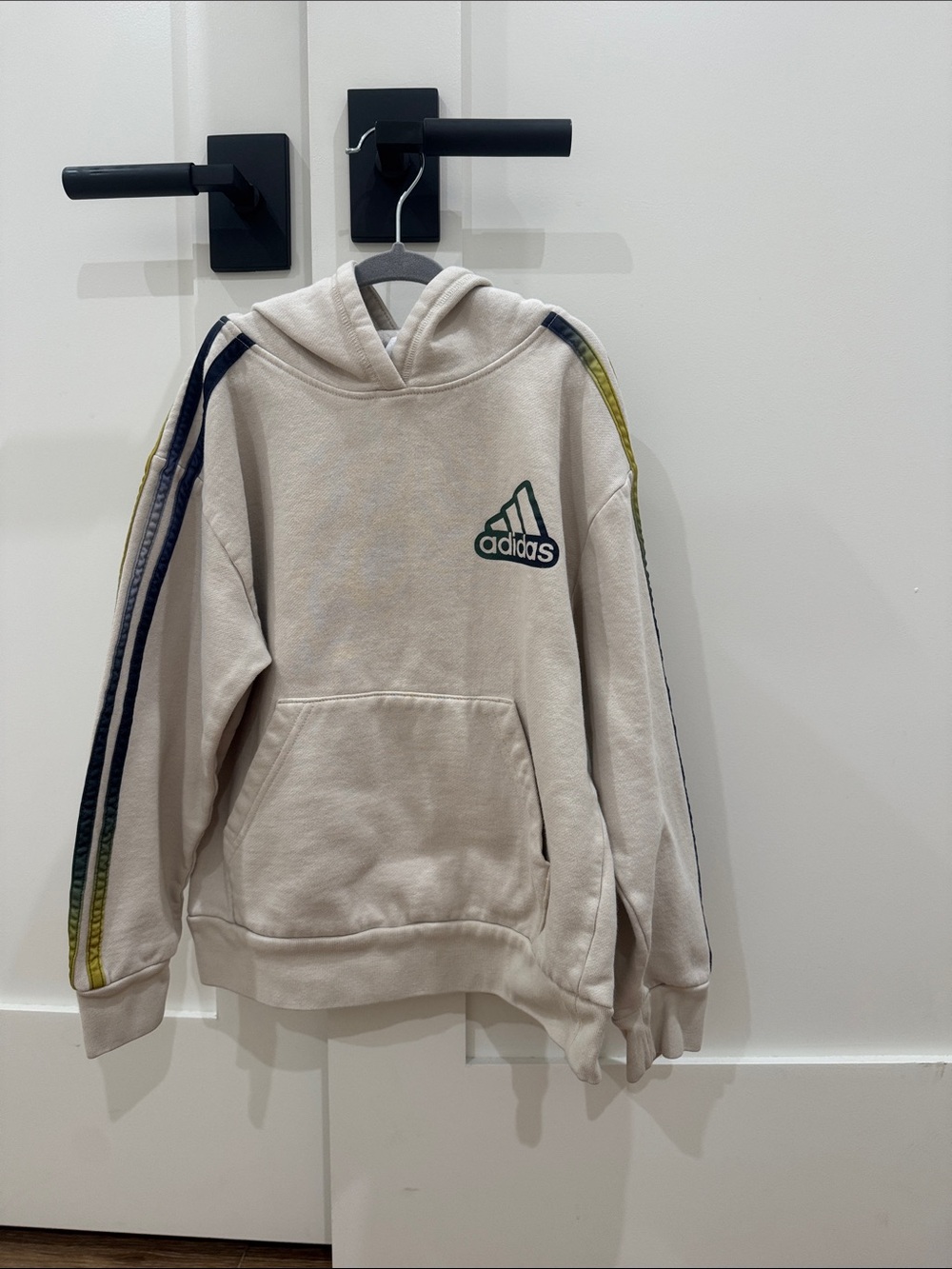 adidas Cream Hoodie with Green Logo and Navy/Yellow Sleeve Stripes